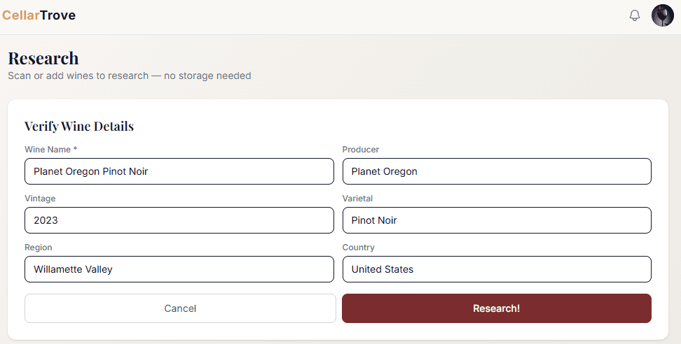 AI scanning a wine label and displaying producer, vintage, ratings, and food pairings